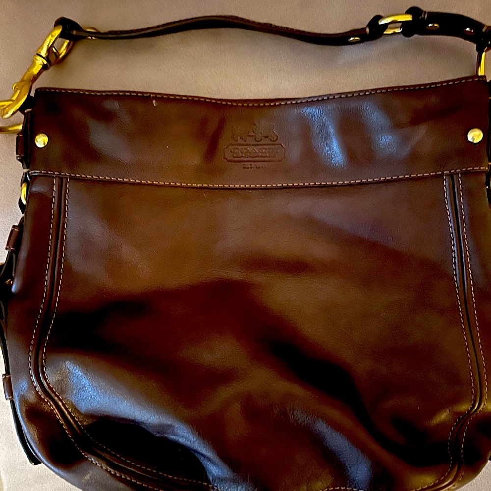 Dk Brown Leather Coach Buckle Purse w Pink lining